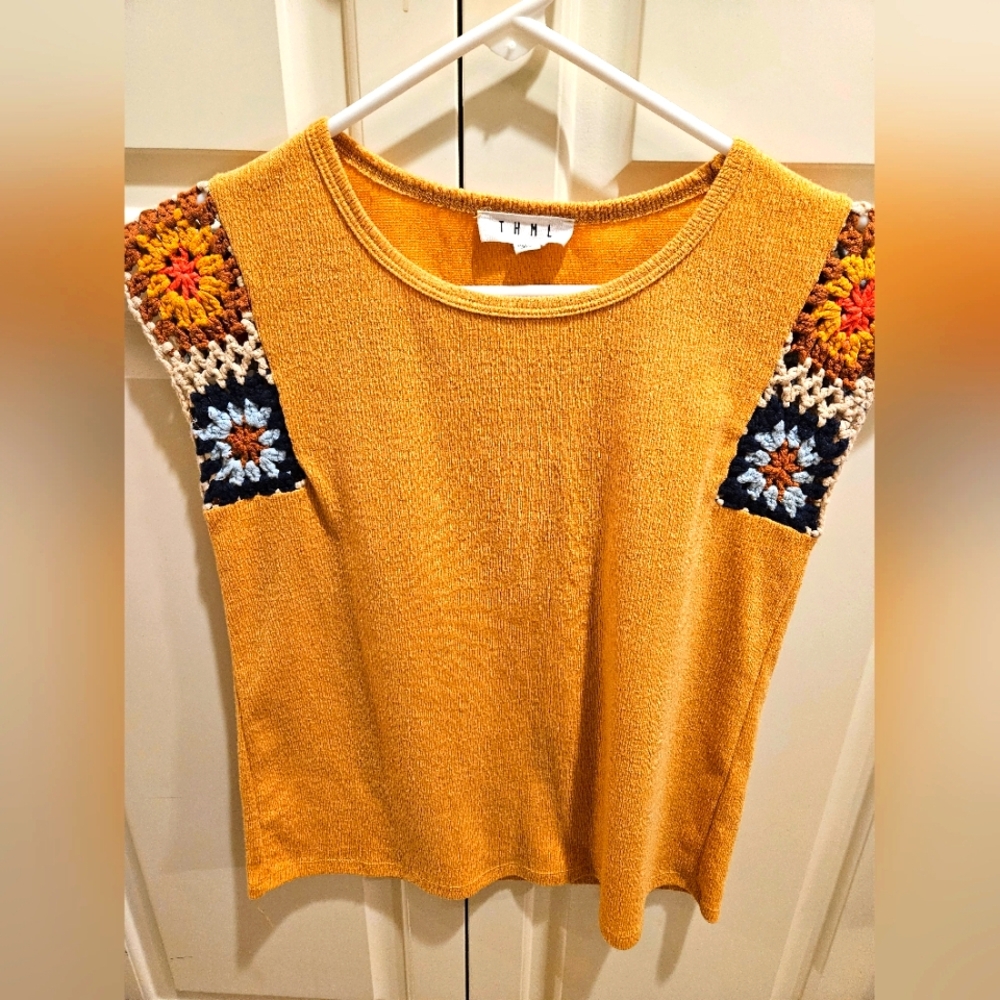 Yellow Boutique Knit Top with Crochet Sleeves